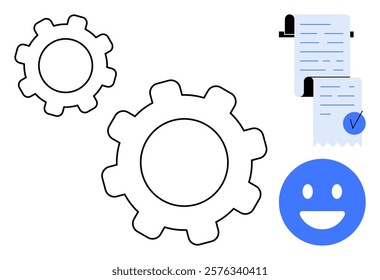 Gears with a checkmarked document and a smiling face symbol. Ideal for productivity, workflow efficiency, approval processes, task management, and business communication. Flat lineart style