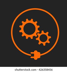 Gears in the circle with plug, electricity maintenance. Orange sign on black background