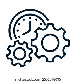 Engranajes, reloj. Concepto de tiempo de proceso de trabajo. Icono lineal de Vector aislado sobre fondo blanco.