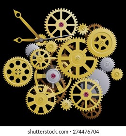 Gears. Clockworks on a black background. Vector illustration. 