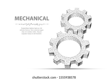 Gears. Closeup abstract vector wireframe two gear. 3d illustration isolated on white. Mechanical technology machine, Industry development, engine work, business solution, team work concept, background