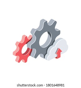 Gears cloud arrow. Vector 3d isometric, color web icons set, new flat style. Creative illustration, idea for infographics.