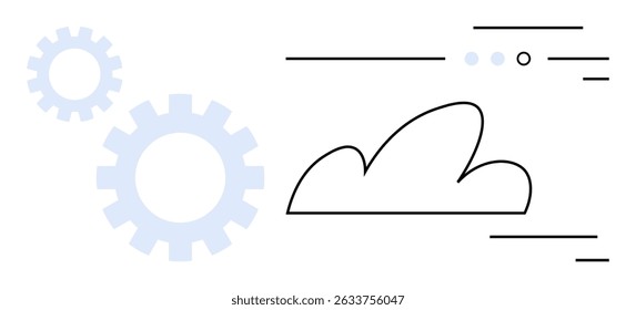 Zahnräder und Wolkenumrisse mit minimalistischen Linien, die Bewegung und Verbindung vermitteln. Ideal für Technologie, Datenmanagement, Cloud Computing, digitale Integration, IT-Lösungen, Synchronisation