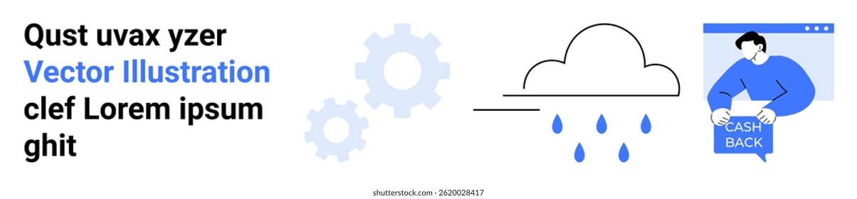 Gears, cloud with raindrops, person holding cash back sign. Ideal for tech, engineering, weather apps, finance, cashback programs, business processes, infographics. Landing page