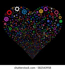Gears And Cogs fireworks with heart shape. Vector illustration style is flat bright multicolored iconic symbols on a black background. Object stream done from random icons.