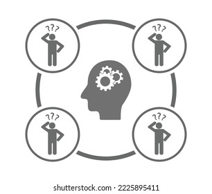 Cogs de engranajes en el icono de trabajo en equipo de la cabeza. Redes con preguntar a la gente.