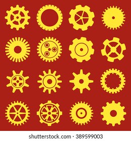 Gears and cogs icons set. Cog wheel Icon Collection. Vector illustration of cog icons isolated on red background.