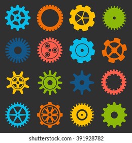 Gears and cogs icons set. Cog wheel Icon Collection. Vector illustration of cog icons isolated on black background.