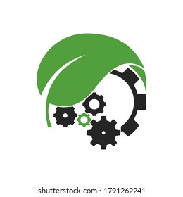 Gears or cogs and leaf flat style icon. Isolated on white background. 