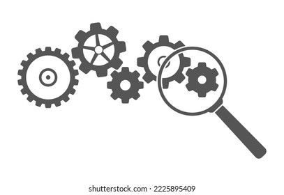 Gears cogs mechanism teamwork with magnifying glass icon