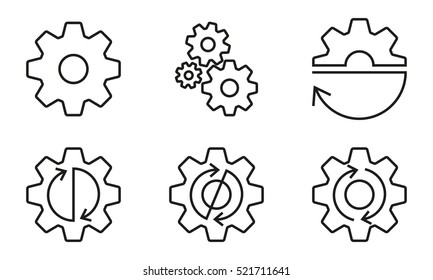 Gears and cogs outline set. Gear wheels with arrows. Vector illustration.