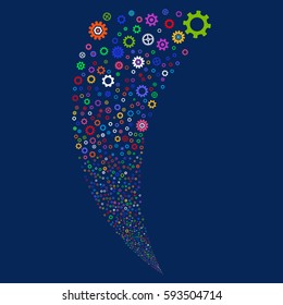 Gears And Cogs random fireworks stream. Vector illustration style is flat bright multicolored iconic symbols on a blue background. Object fountain constructed from scattered design elements.