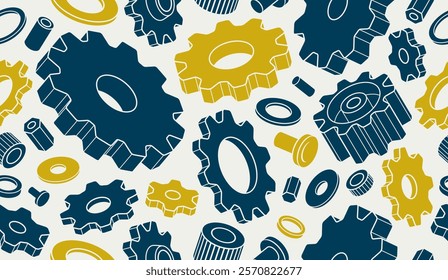 Gears and cogs seamless background, vector mechanical engineering endless wallpaper, fix and repair theme tiling pattern, elements can be used separately.