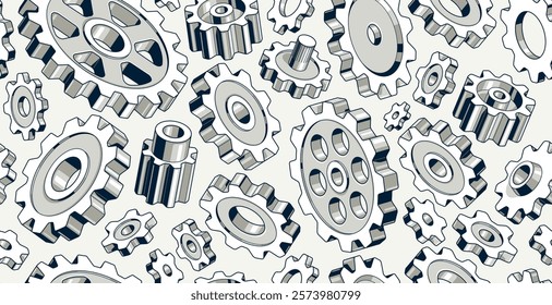 Gears and cogs seamless background, vector mechanical engineering endless wallpaper, fix and repair theme tiling pattern, elements can be used separately.