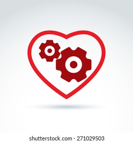 Gears and cogs in a shape of heart system theme icon, heart of machine, heart of business and cooperation, vector conceptual stylish symbol for your design.