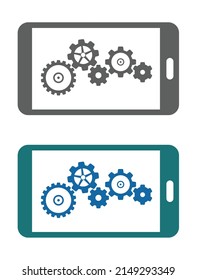 icono de diseño del mecanismo de trabajo en equipo de gears cogs en la pantalla del smartphone aislado en fondo blanco