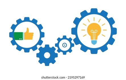 mecanismo de trabajo en equipo de engranajes con el icono de la lámpara y el pulgar hacia arriba