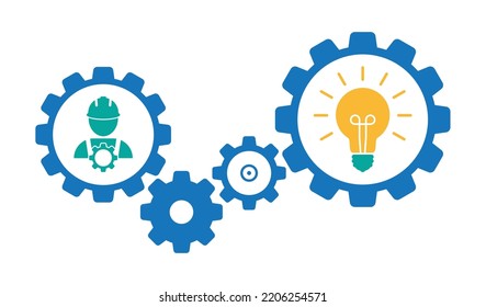 gears cogs teamwork mechanism with worker and lightbulb icon