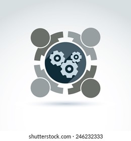 Gears and cogs teamwork theme icon, vector conceptual stylish symbol for your design.