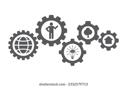 gears cogs wheel teamwork mechanism concept with globe earth, people, lightbulb, house, tree icon inside.