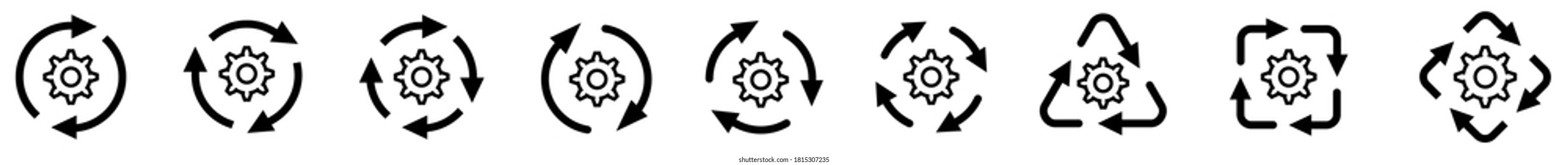 Gears cogwheel icon in arrows forming cycle, two three and four arrow version. Change or loop concept