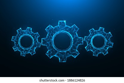 Gears or cogwheel low poly art. Mechanism polygonal vector illustrations on a blue background.