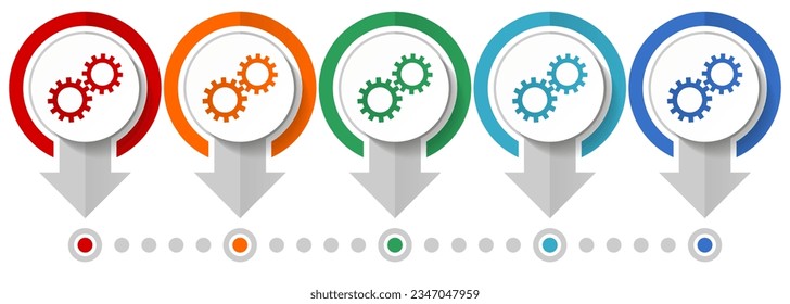 Gears, cogwheel vector icon set, flat design infographic template, set pointer concept icons in 5 color options for webdesign and mobile applications