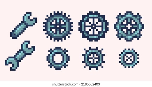 Gears, cogwheel, wrench pixel art set. Setting symbol collection. 8 bit sprite. Game development, mobile app.  Isolated vector illustration.