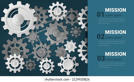 Gears cogUCES 3 pasos para plantilla Infográfica, Ingeniería de progreso tecnológico presentación de negocio concepto de vector de inicio, procesos, partes, opciones. Ilustración vectorial.