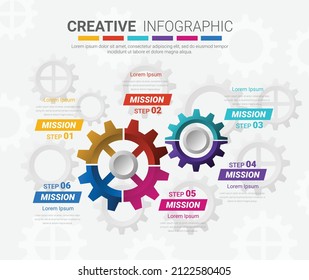 Gears cogwheels 6 steps for Infographic template, Engineering tech progress business presentation start-up vector concept, processes, parts, options. Vector illustration.
