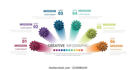 Gears cogUCES 6 pasos para plantilla Infográfica, Concepto de negocio de progreso tecnológico de ingeniería, procesos, piezas, opciones. Ilustración vectorial.