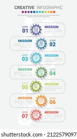 Gears cogwheels 7 steps for Infographic template, Engineering tech progress business presentation, processes, parts, options. Vector illustration.