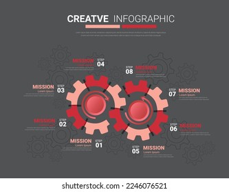 Gears cogwheels 8 steps for Infographic template, Engineering tech progress business presentation start-up vector concept, processes, parts, options. Vector illustration.