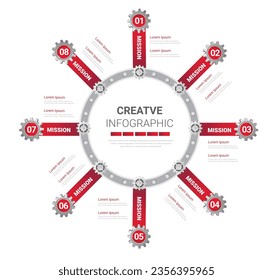 Gears cogUCES 8 pasos para plantilla Infográfica, Ingeniería de progreso tecnológico presentación de negocio concepto de vector de inicio, procesos, partes, opciones. Ilustración vectorial.