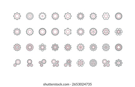 Gears and cogwheels of engine, factory mechanism part and settings, workshop and business work progress line icon set. Gearwheel, metal wheels in group thin black and red symbols vector illustration