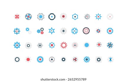 Gears and cogwheels of factory machine, mechanism of cooperation, technical service color icon set. One, two and three metal cog wheels, industrial engineering, engine flat vector illustration