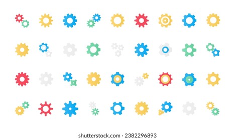 Iconos planos de engranajes y engranajes establecen la ilustración vectorial. Engranajes de transmisión en círculo para maquinaria de fábrica y motor de máquina, piñón de reloj y bicicleta, progreso del trabajo en equipo y señalización de ajuste.