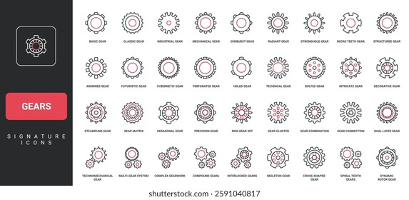 Gears and cogwheels of machine engine, system function, technical progress line icon set. Small and large, one or several metal gears in mechanism thin black and red symbols vector illustration