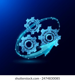 Gears or cogwheels polygonal futuristic glowing surrounded by blue arrow. Effective workflow of organization. Teamwork, collaboration. Mechanical technology machine engineering industry symbol. Vector