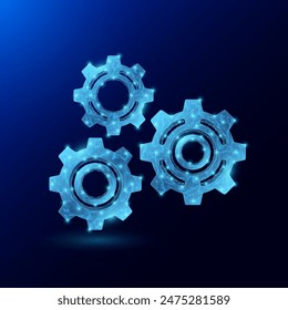 Gears or cogwheels polygonal futuristic glowing. Effective workflow of organization. Teamwork, collaboration. Mechanical technology machine engineering industry symbol. Vector.