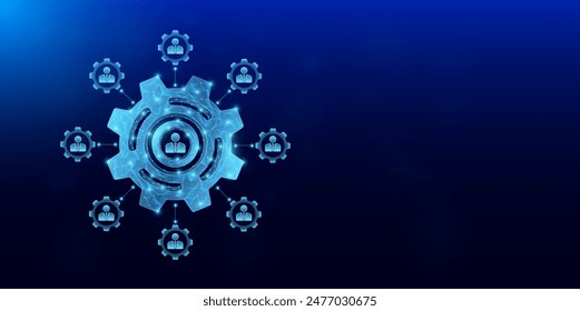 Gears, cogwheels polygonal futuristic with surround management icon. Effective workflow of organization teamwork. Mechanical technology machine engineering symbol. Banner empty space for text. Vector.