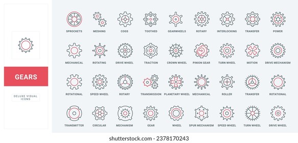 Gears and cogwheels thin black and red line icons set vector illustration. Outline collection of wheels for clockwork or bicycle sprocket, factory machine and equipment circle rotary gearwheel
