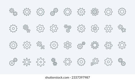 Gears and cogwheels thin line icons set vector illustration. symbols of circle transmission gears for factory machinery and machine engine, bike and clock sprocket, teamwork progress and setting signs
