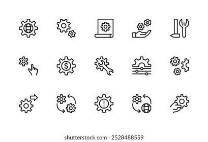 Gears and cogwheels vector linear icons set. Isolated icon collection such as gear, mechanism, design, process, maintenance, drawing, hand, money and more. Isolated icon collection of gears related.