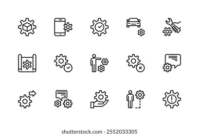 Gears and cogwheels vector linear icons set. Isolated icon collection such as gear, time, automation, technology, system, drawing, computer, team and more. Isolated icon collection of gears related.