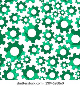 Gears, cogwheels. Vector seamless pattern made of cogs. Green colors. Seamless tiling background. Abstract business concept. Ornament with gears and wheels for wrapping paper, banner, print.