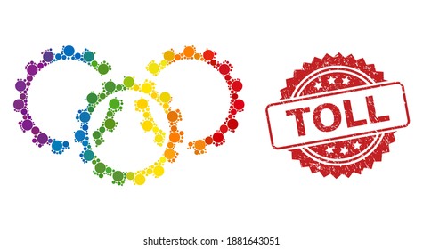 Gears collage icon of spheric dots in various sizes and rainbow colored shades, and Toll corroded rosette seal imitation. A dotted LGBT-colored Gears for lesbians, gays, transgenders, and bisexuals.