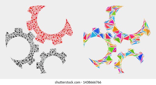 Gears collage icon of triangle items which have variable sizes and shapes and colors. Geometric abstract vector illustration of gears.