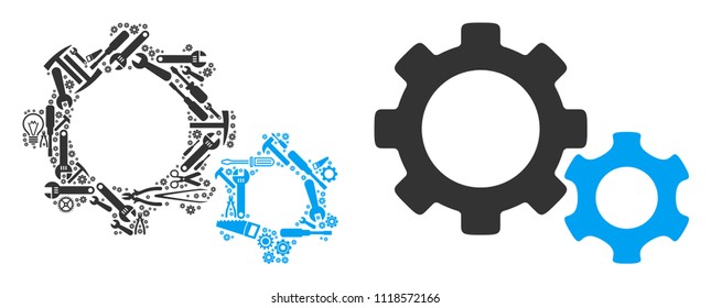 Gears collage of workshop tools. Vector gears icon is formed of gear wheels, spanners and other technical items. Concept of technical service.