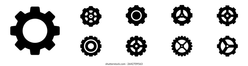 Coleção de engrenagens. Ícones de configurações da engrenagem. Conjunto de rodas de engrenagens pretas. Conjunto de vetores de ícone de engrenagem. coleção de sinais de ilustração de relógio. Símbolo mecânico. EPS 10